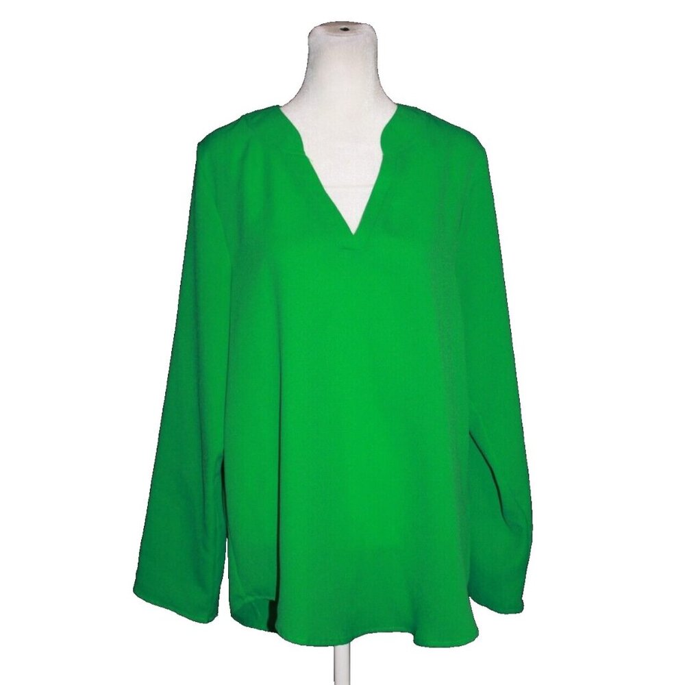 Roswear Womens Blouse Top Size Large Green Roll Tab Sleeves V Neck Relaxed Fit
